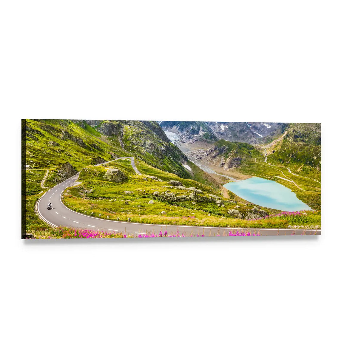 Winding Mountain Pass Road in Italian Alps Panoramic Canvas Wall Art, single panel gallery wrapped canvas, angled product view
