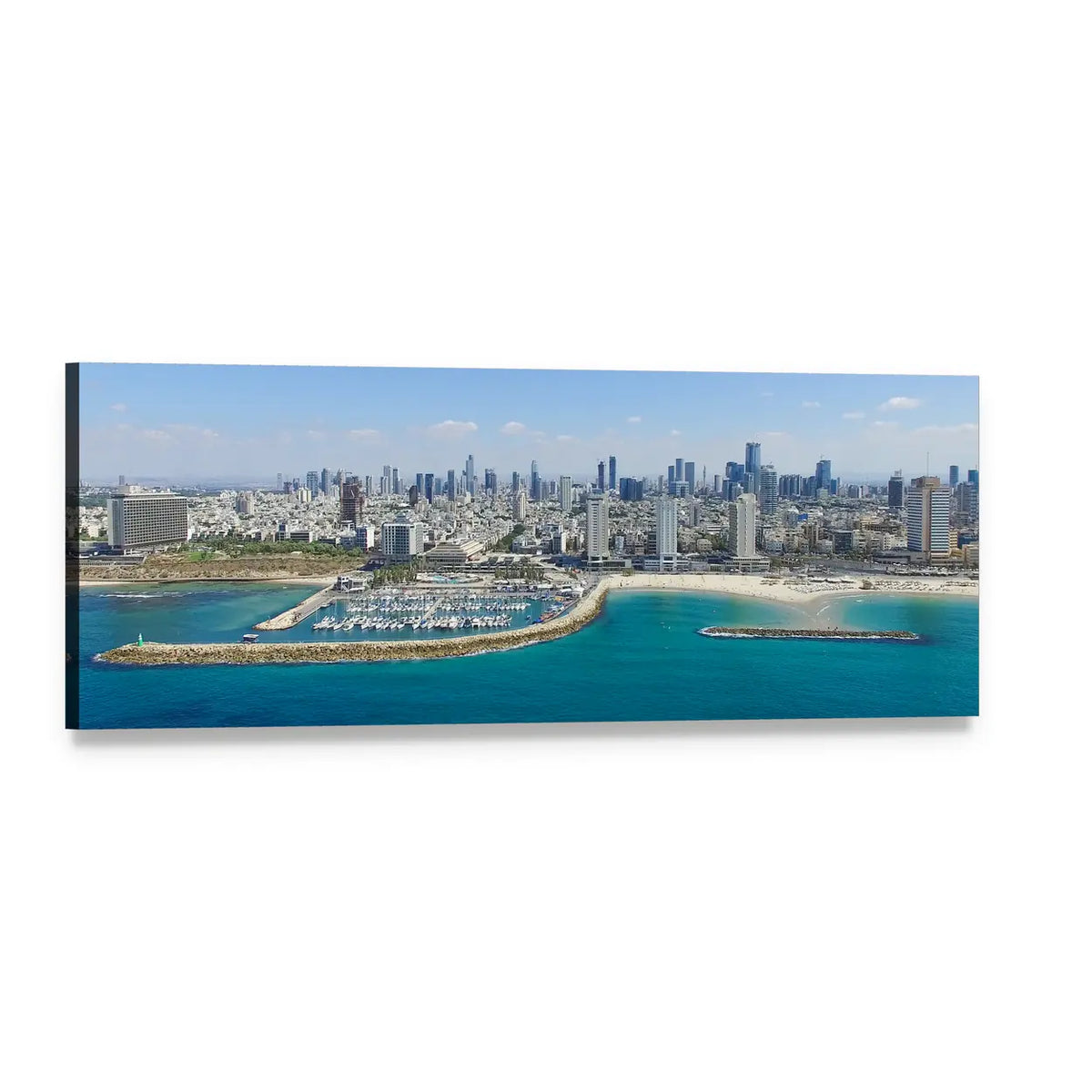 Tel Aviv Marina Skyline Panoramic Canvas Wall Art, single panel gallery wrapped canvas, angled product view
