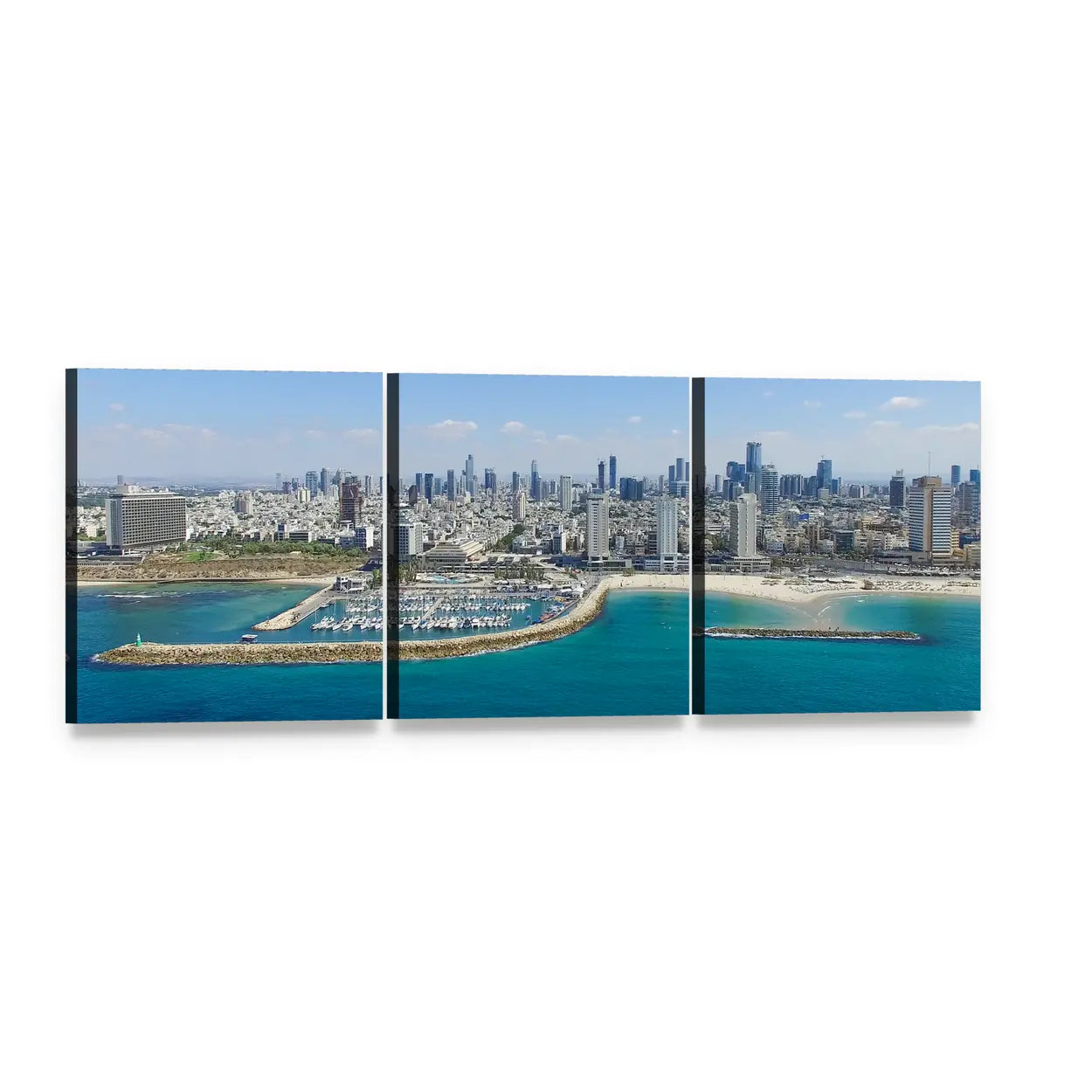 Tel Aviv Marina Skyline Panoramic Canvas Wall Art, 3 panel 3 Piece layout gallery wrapped canvas set, angled product view