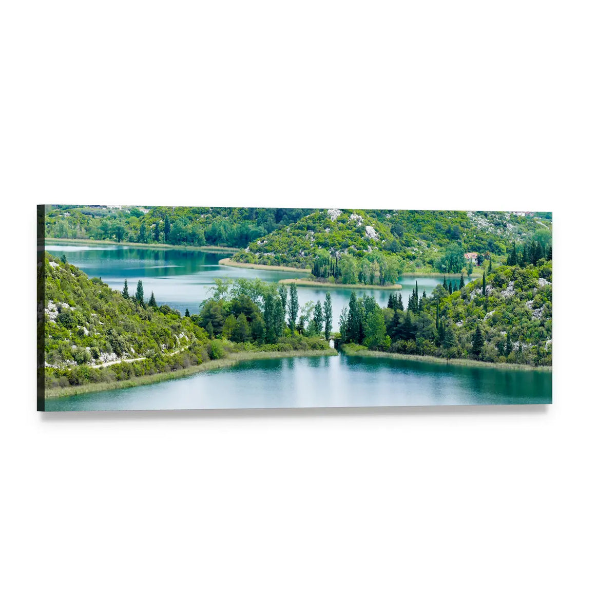 Scenic Lake in Croatia Panoramic Canvas Wall Art, single panel gallery wrapped canvas, angled product view