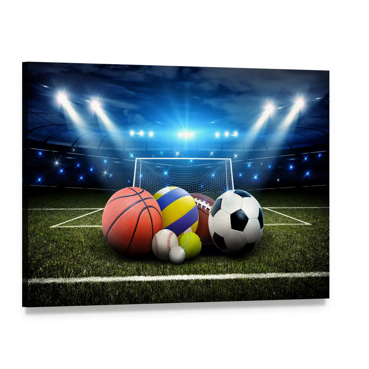 Cluster of Sports Balls Under Stadium Lights Canvas Wall Art, single panel gallery wrapped canvas, angled product view