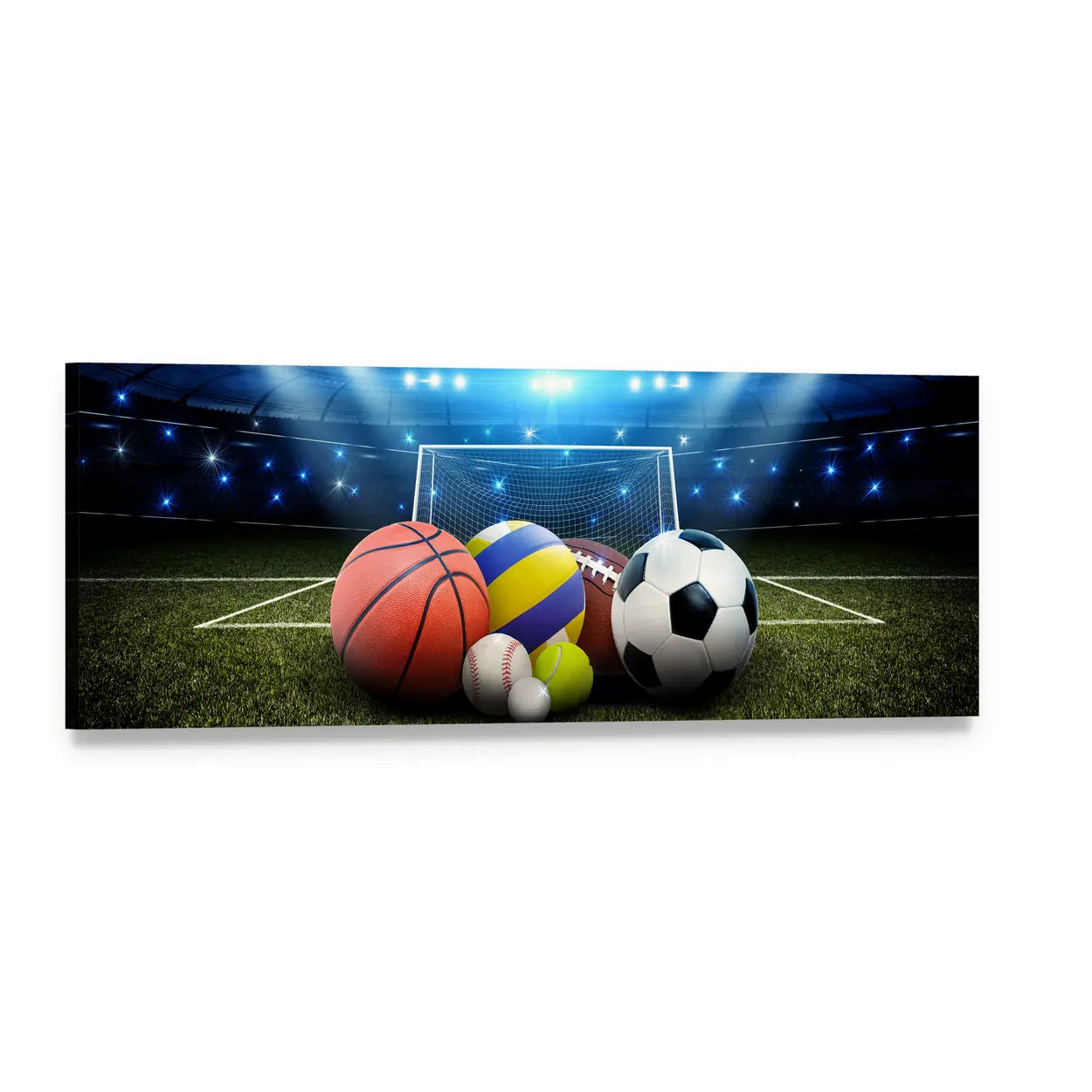Stadium Multi-sport Balls at Night Panoramic Canvas Wall Art, single panel gallery wrapped canvas, angled product view