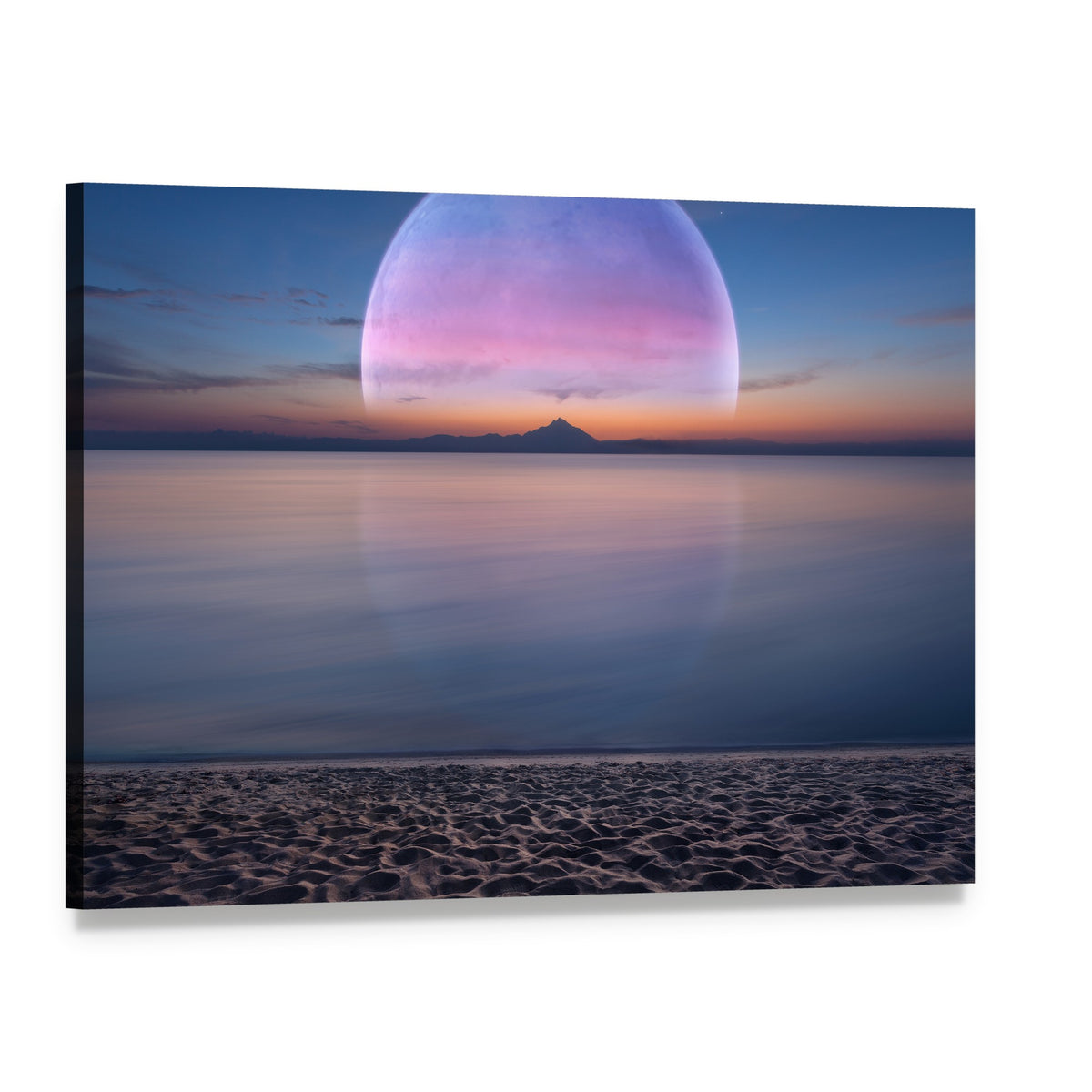 Moon Over Sandy Beach Canvas Wall Art, single panel gallery wrapped canvas, angled product view