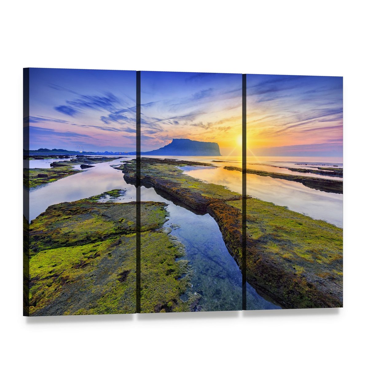 Sunrise at Seongsan Ilchulbong Canvas Wall Art, 3 panel 3 Horizontal layout gallery wrapped canvas set, angled product view