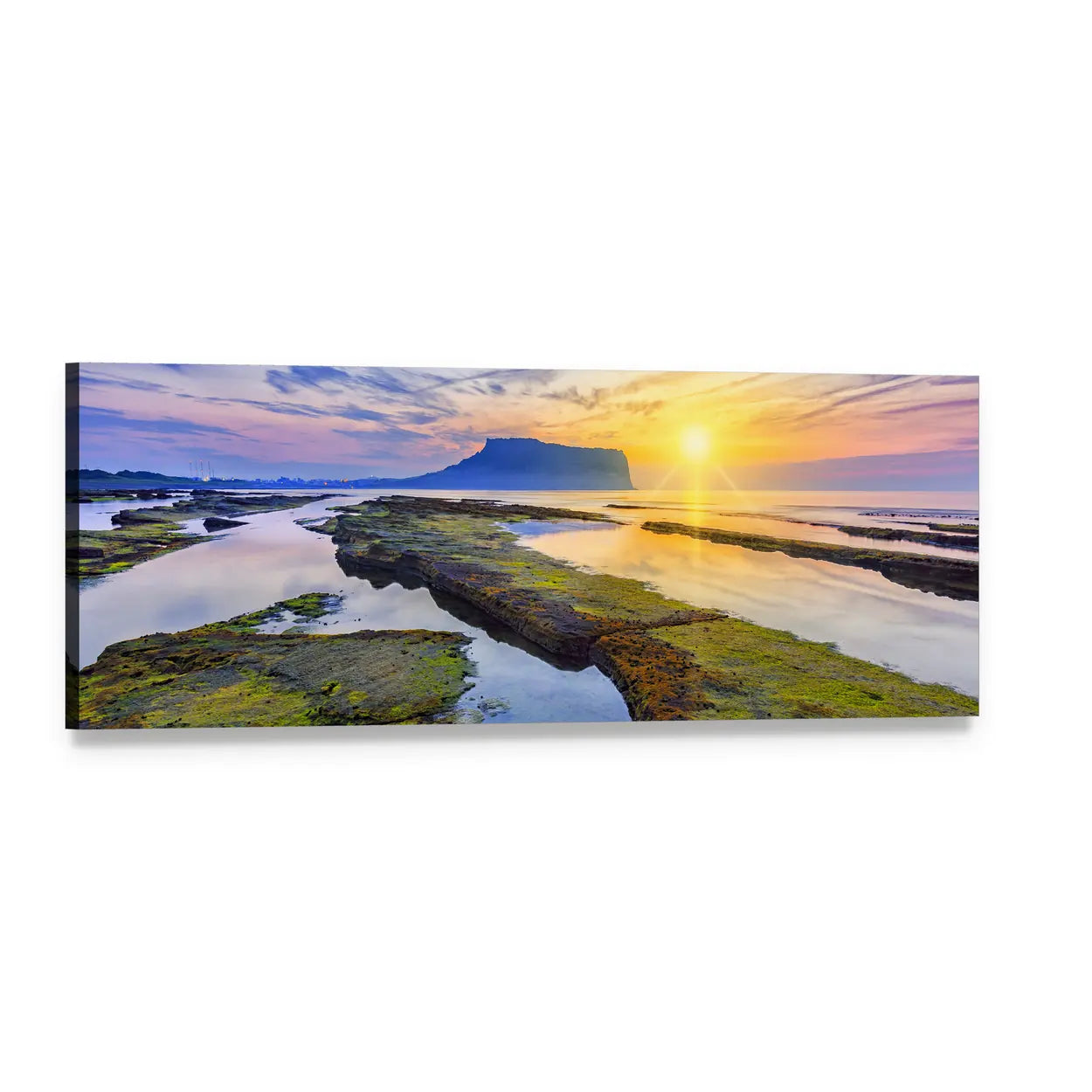 Sunrise Over Mossy Tide Pools Panoramic Canvas Wall Art, single panel gallery wrapped canvas, angled product view