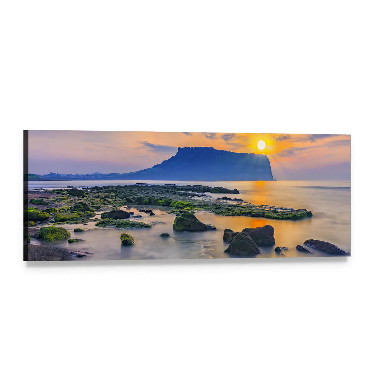 Jeju Island Sunrise Over Coastal Silhouette Panoramic Canvas Wall Art, single panel gallery wrapped canvas, angled product view