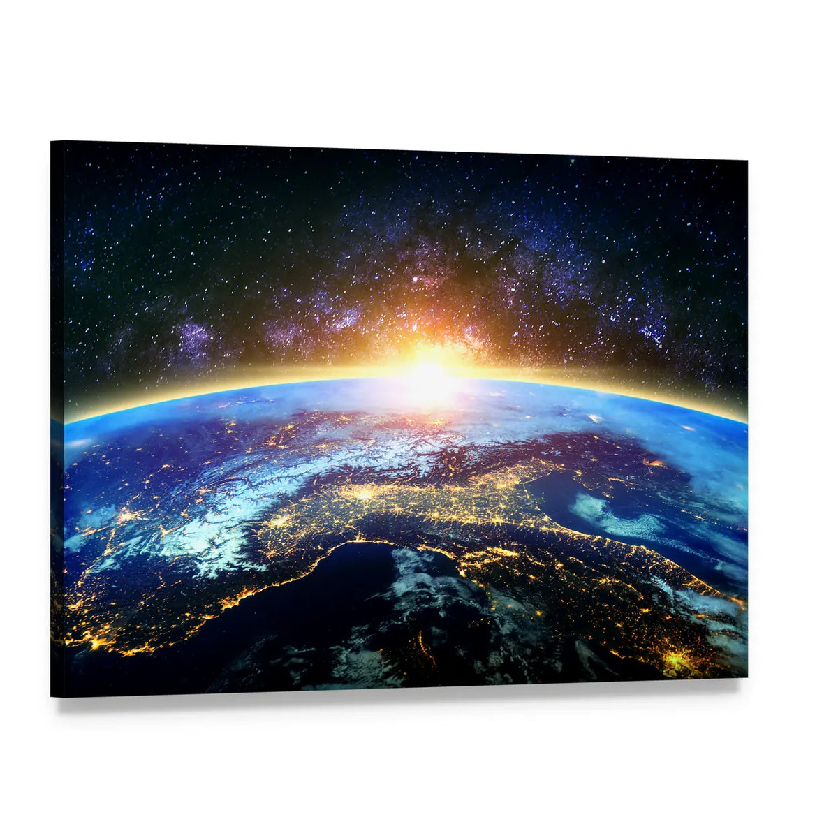 Earth at Dawn with the Milky Way Canvas Wall Art, single panel gallery wrapped canvas, angled product view