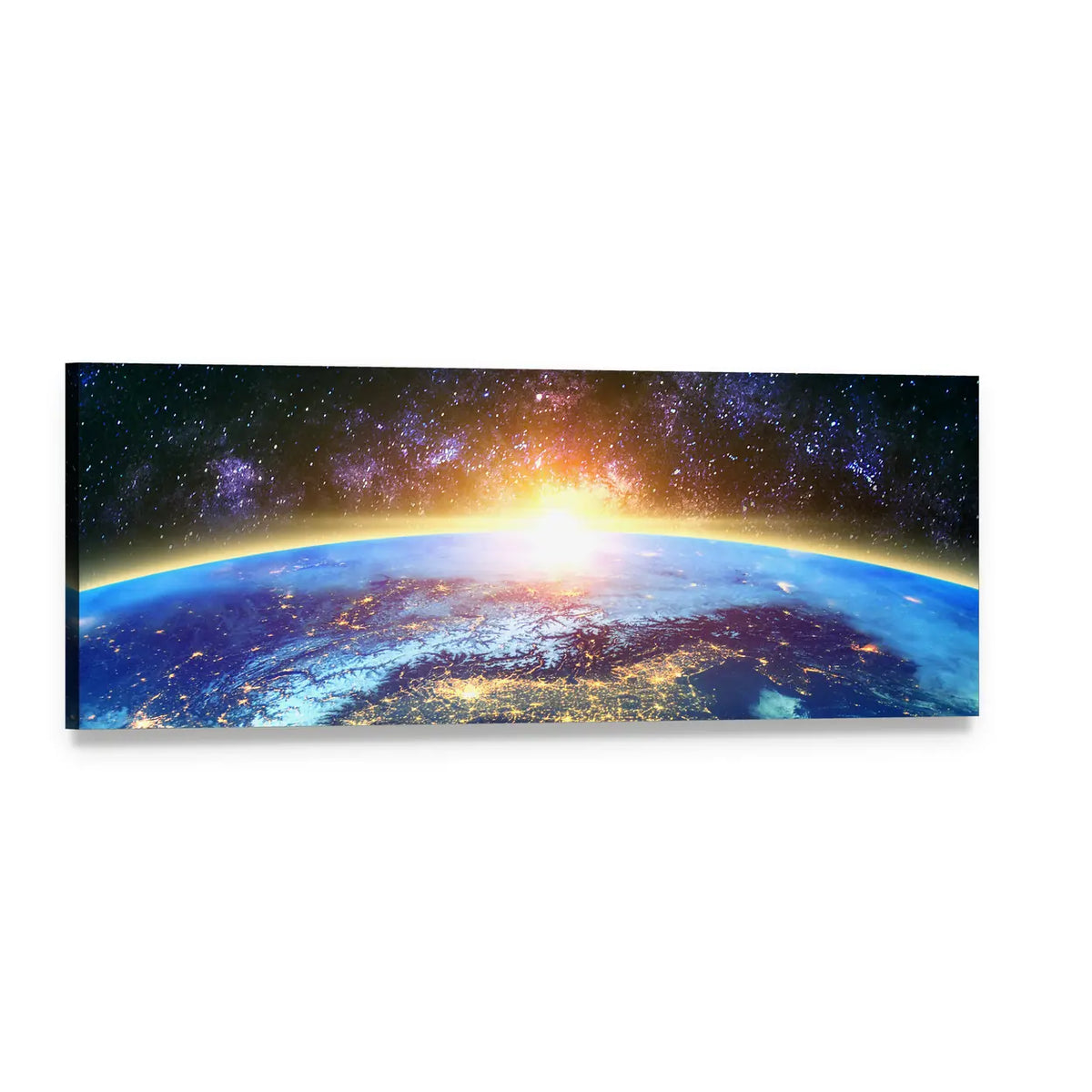 Earth Horizon at Golden Sunrise Panoramic Canvas Wall Art, single panel gallery wrapped canvas, angled product view