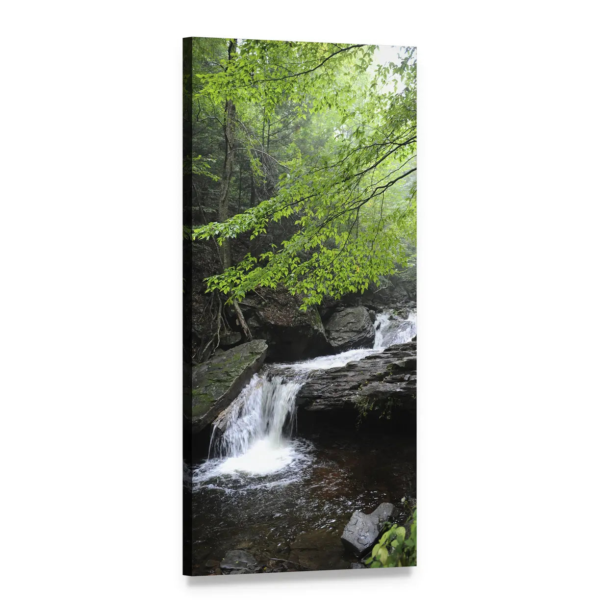 Rocky Forest Waterfall Vertical Canvas Wall Art, 1 panel 1 Vertical layout gallery wrapped canvas set, angled product view