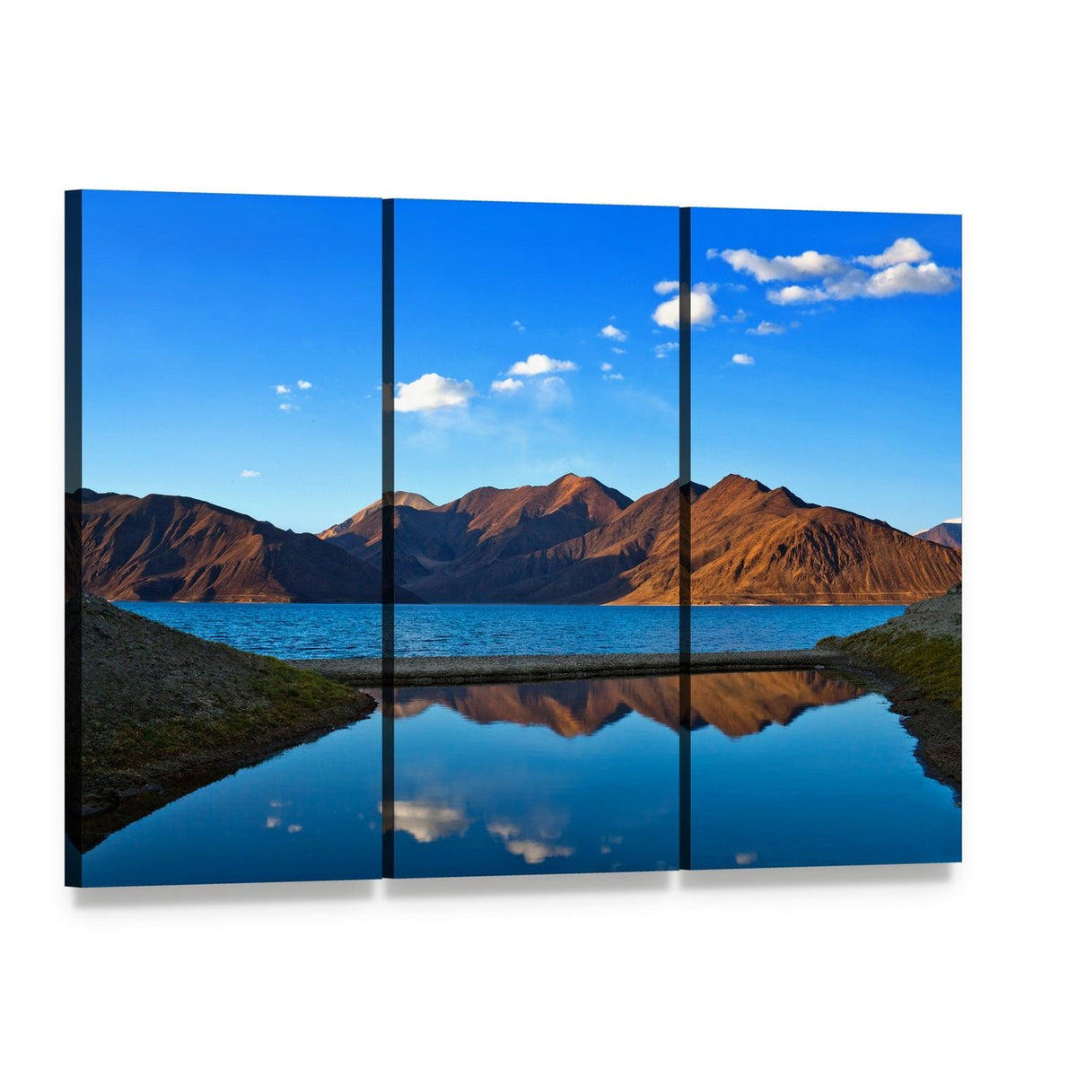 View of Pangong Lake Canvas Wall Art, 3 panel 3 Horizontal layout gallery wrapped canvas set, angled product view