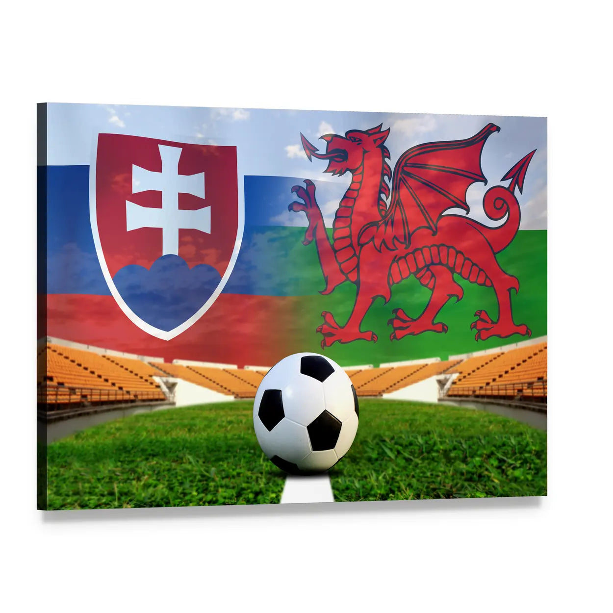 Slovakia and Wales Football Emblems Canvas Wall Art, single panel gallery wrapped canvas, angled product view