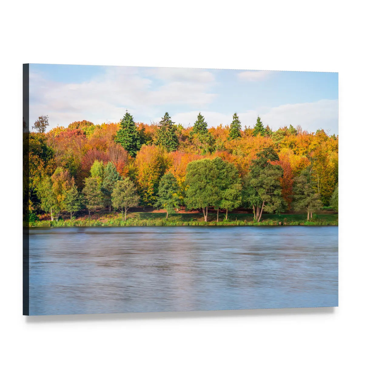 Autumn Lake with Forest Reflections Canvas Wall Art, single panel gallery wrapped canvas, angled product view