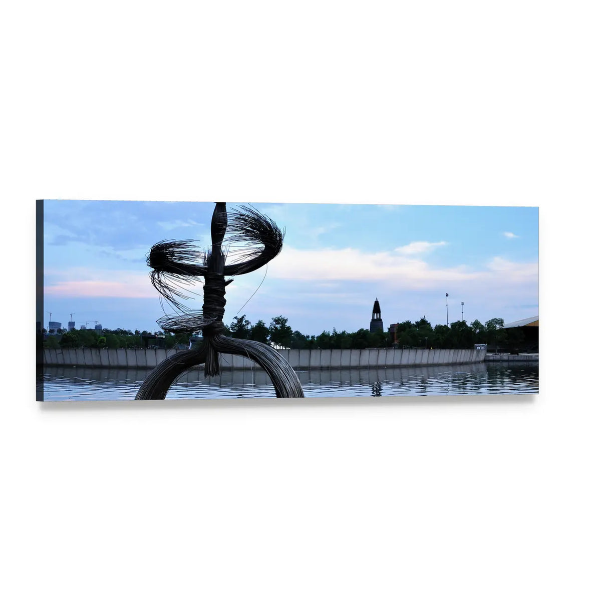 Wire Sculpture Over Reflective Pond Panoramic Canvas Wall Art, single panel gallery wrapped canvas, angled product view