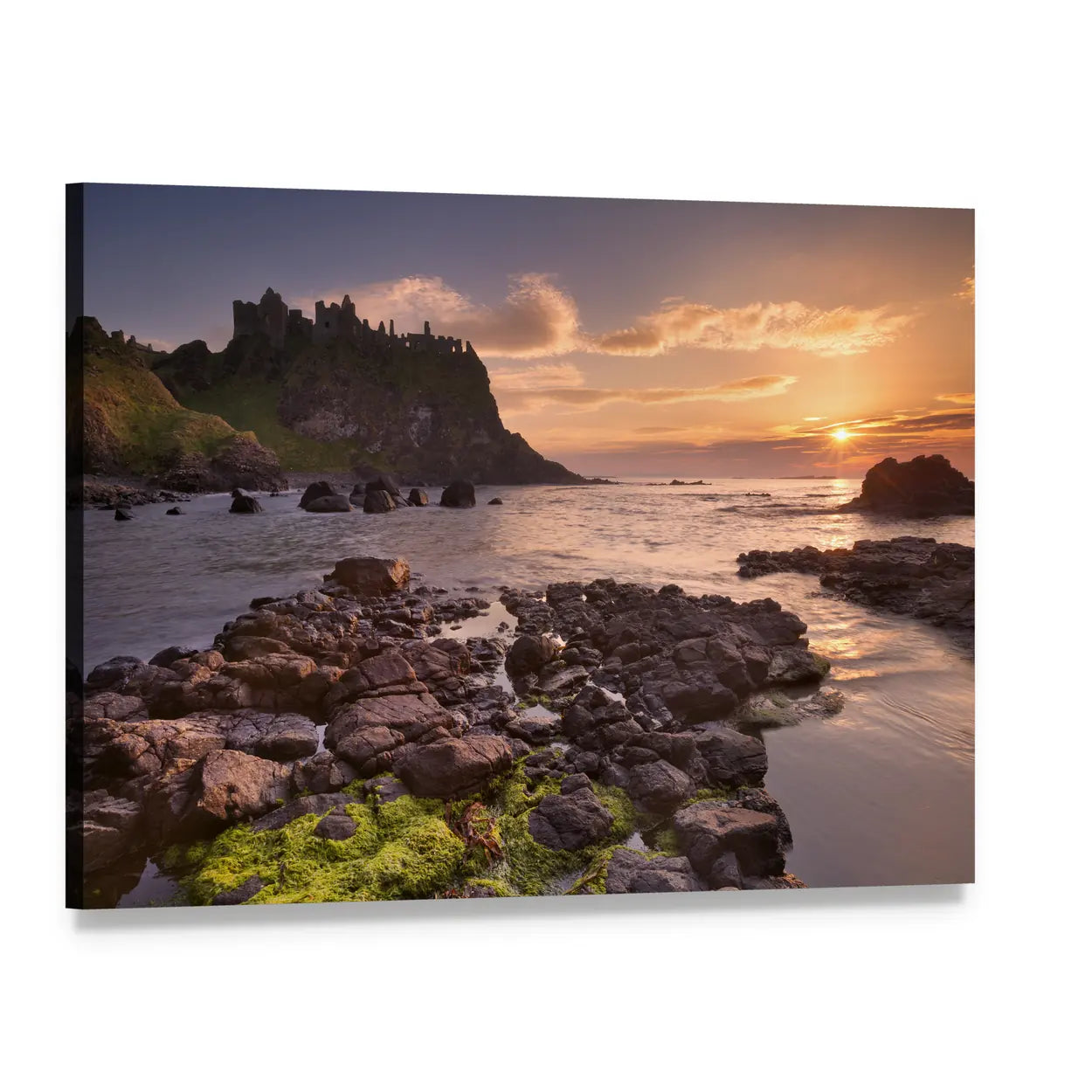 Dunluce Castle at Sunset Canvas Wall Art, single panel gallery wrapped canvas, angled product view