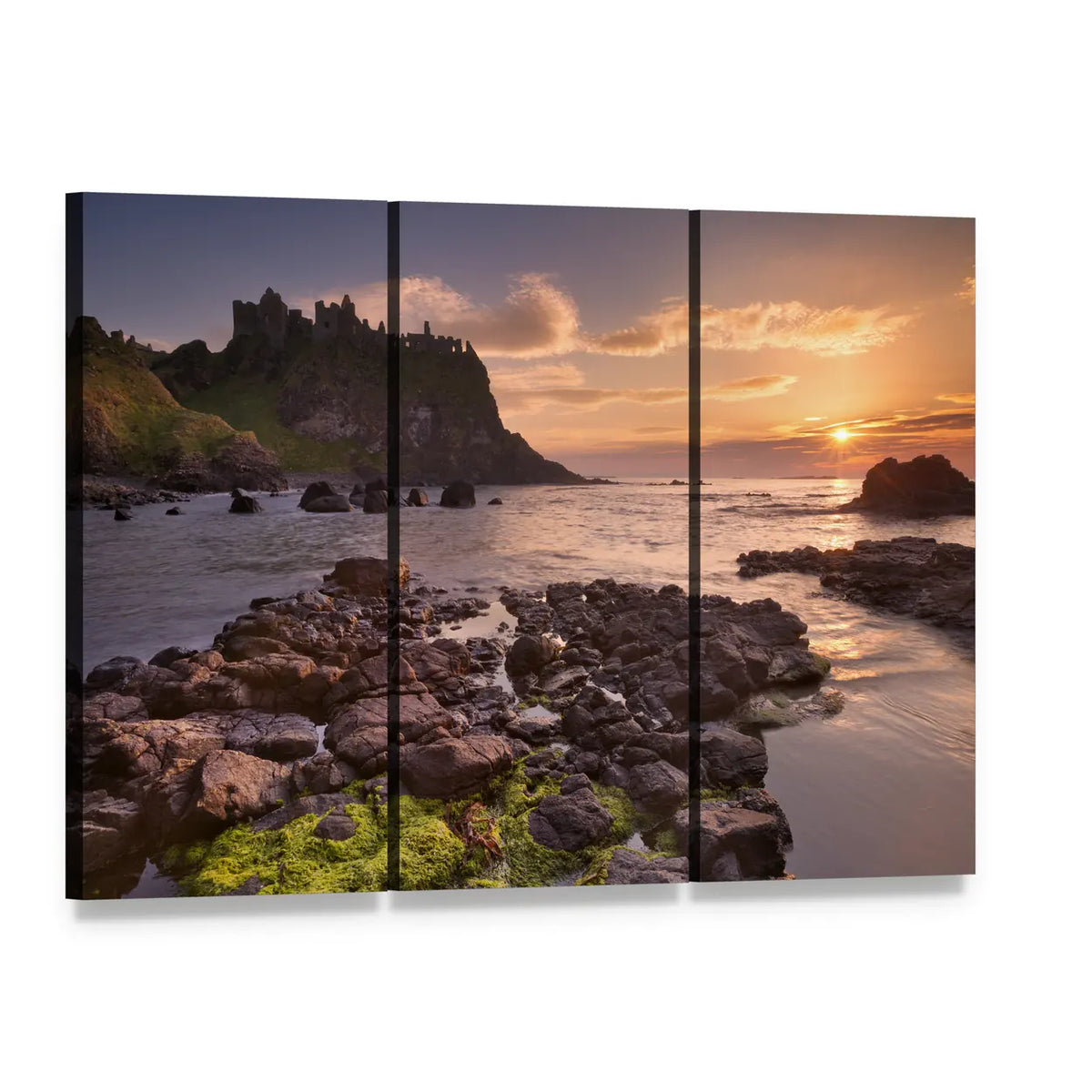 Dunluce Castle at Sunset Canvas Wall Art, 3 panel 3 Horizontal layout gallery wrapped canvas set, angled product view