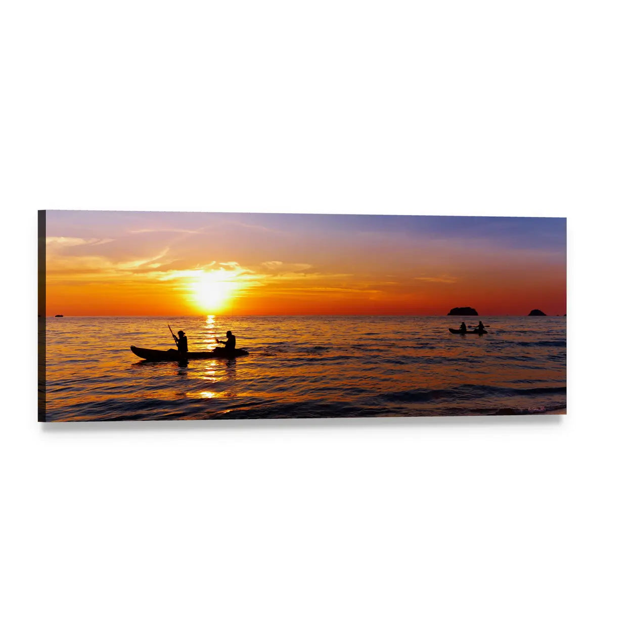 Kayakers at Sunset Panoramic Canvas Wall Art, single panel gallery wrapped canvas, angled product view
