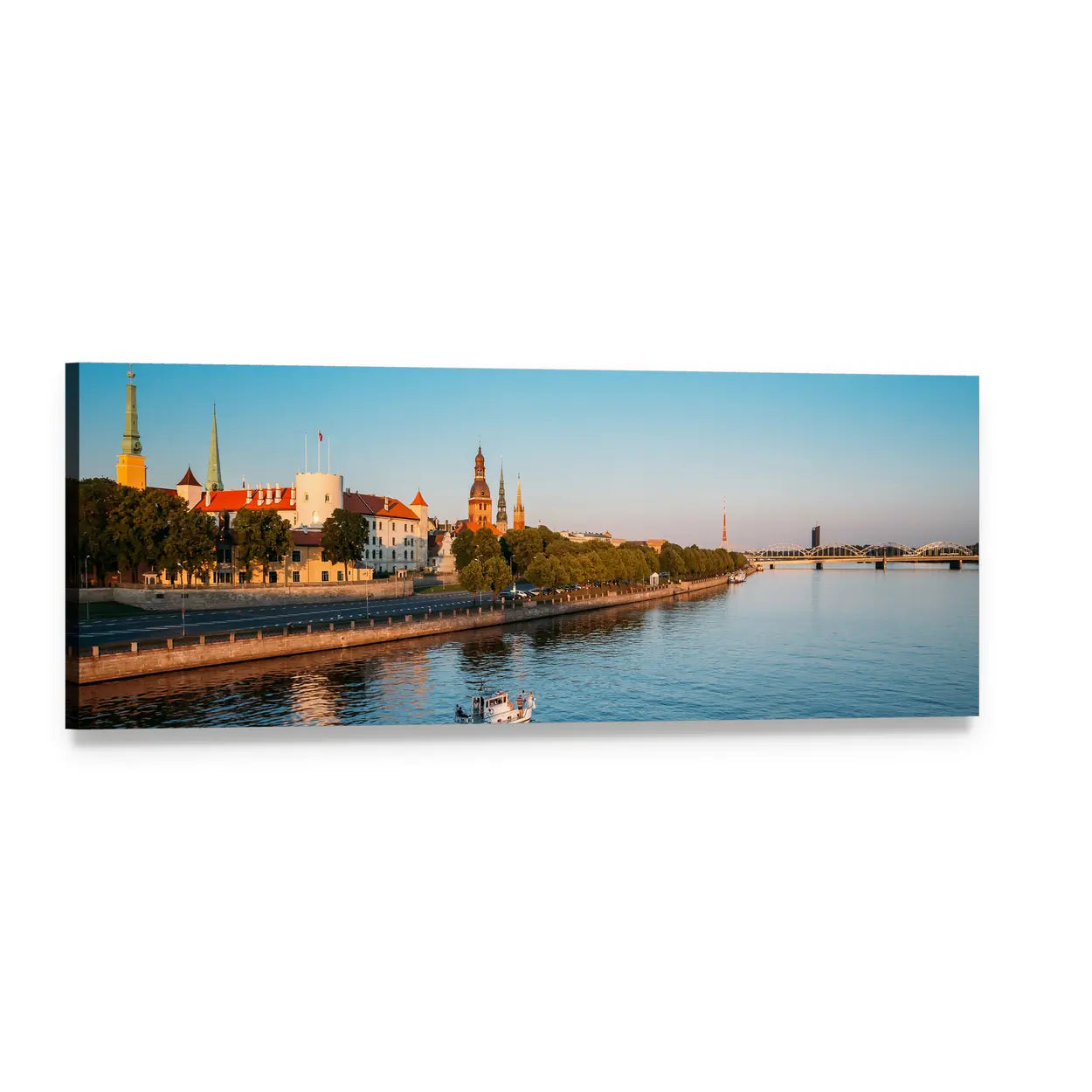 River Promenade with Church Spires at Golden Hour Panoramic Canvas Wall Art, single panel gallery wrapped canvas, angled product view