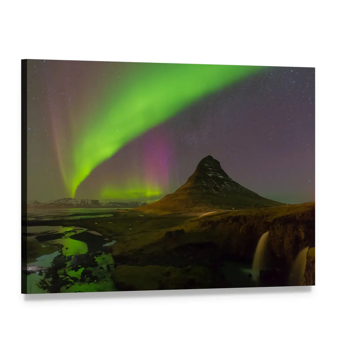 Northern Lights Over Kirkjufell Canvas Wall Art, single panel gallery wrapped canvas, angled product view