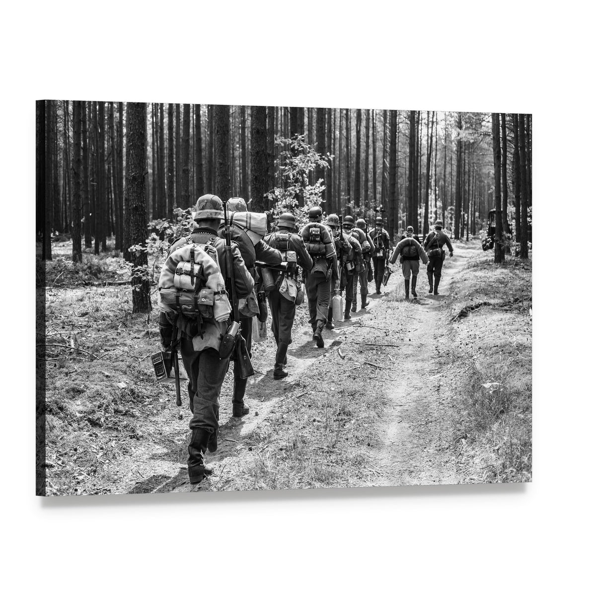 German Soldiers Marching on Forest Path Canvas Wall Art, single panel gallery wrapped canvas, angled product view