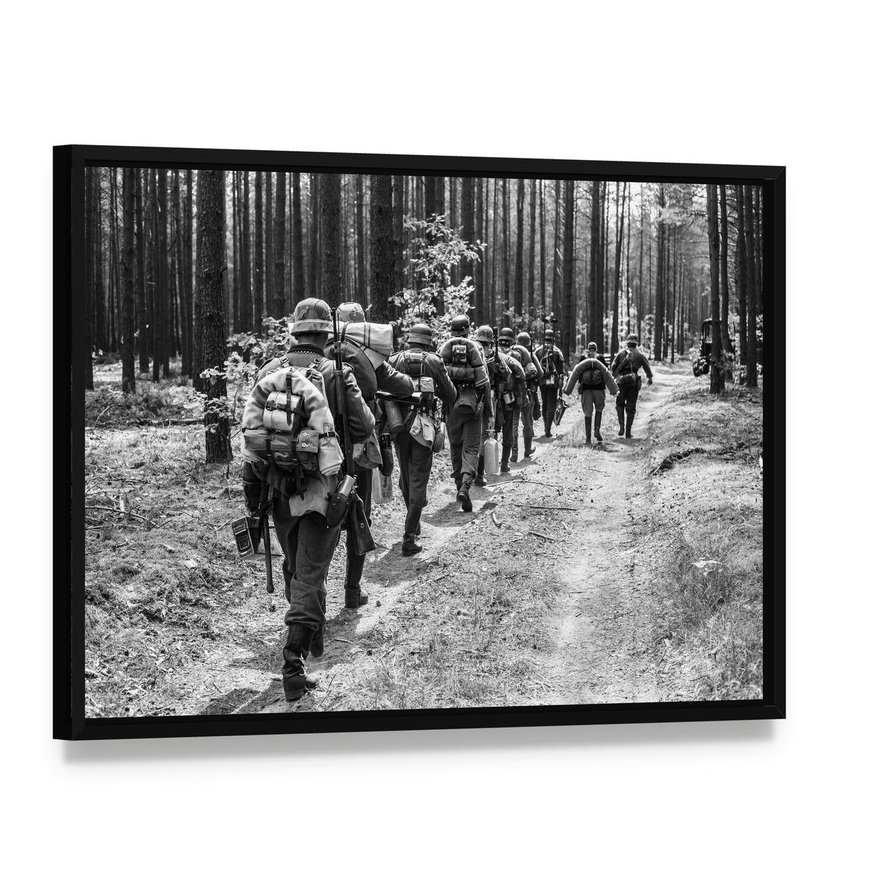 German Soldiers Marching on Forest Path Canvas Wall Art, framed canvas in a black floater frame, angled product view