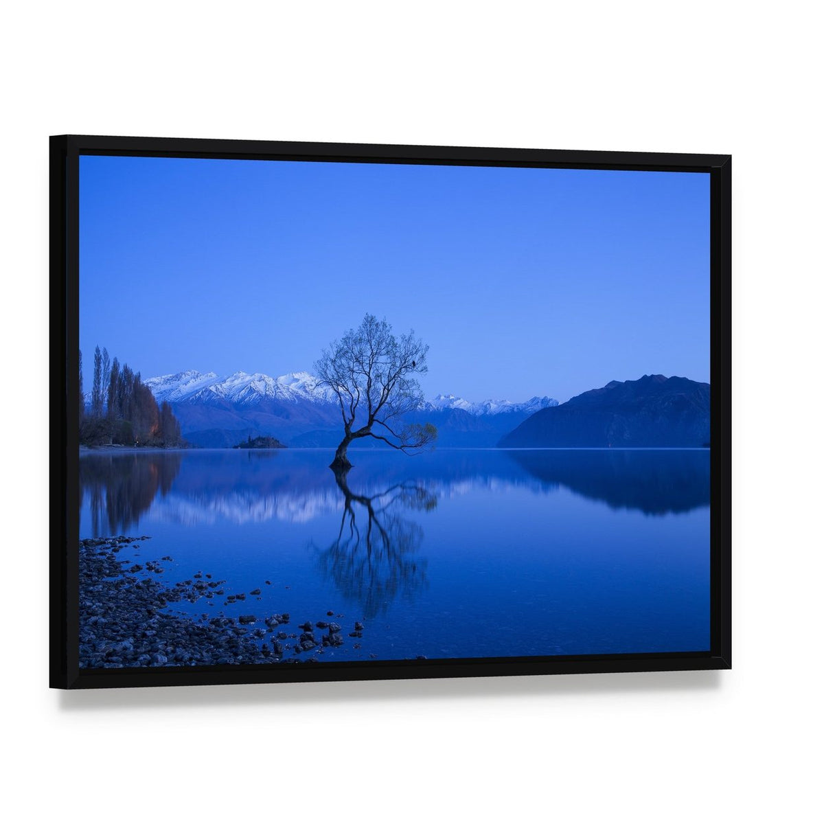 Moonlit Tree Over Lake with Snow-capped Peaks Canvas Wall Art, framed canvas in a black floater frame, angled product view