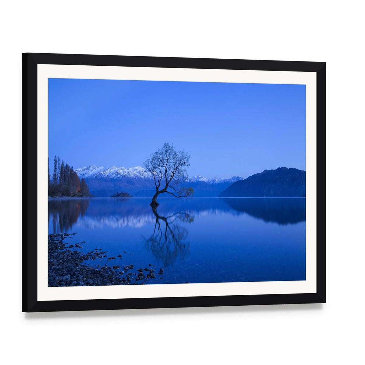 Moonlit Tree Over Lake with Snow-capped Peaks Canvas Wall Art, framed print with white mat and black frame, angled product view