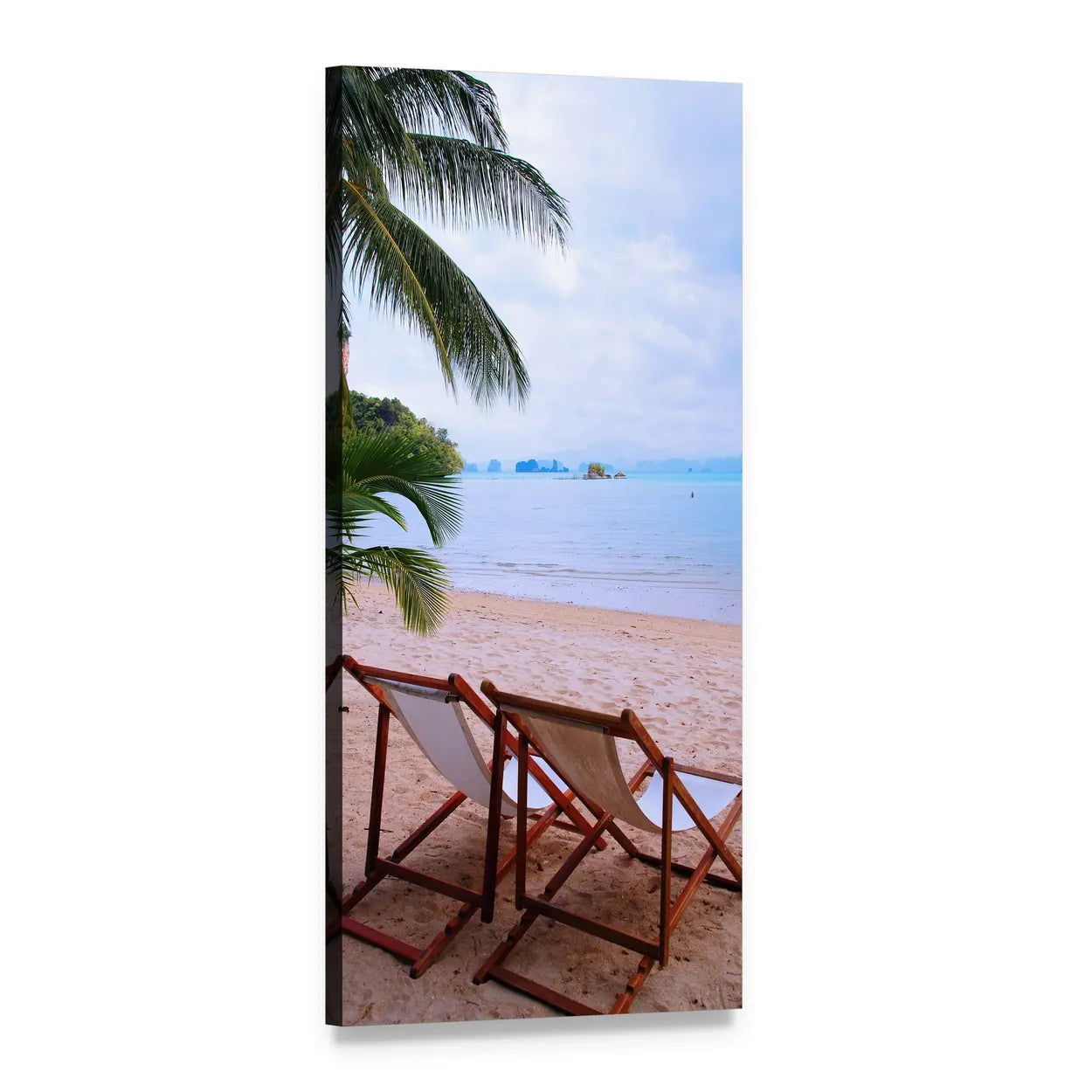 Two Beach Chairs Facing the Ocean Vertical Canvas Wall Art, 1 panel 1 Vertical layout gallery wrapped canvas set, angled product view