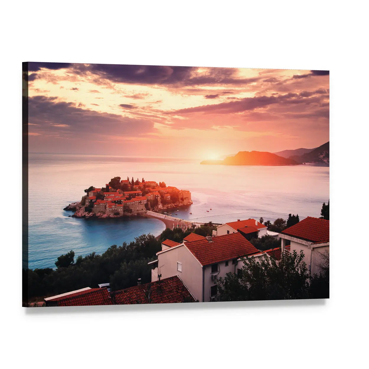 Sveti Stefan Island at Sunrise Canvas Wall Art, single panel gallery wrapped canvas, angled product view