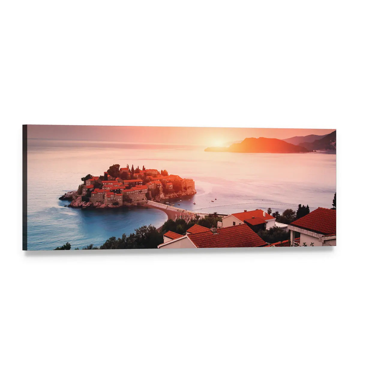 Sveti Stefan Island Sunrise Panoramic Canvas Wall Art, single panel gallery wrapped canvas, angled product view