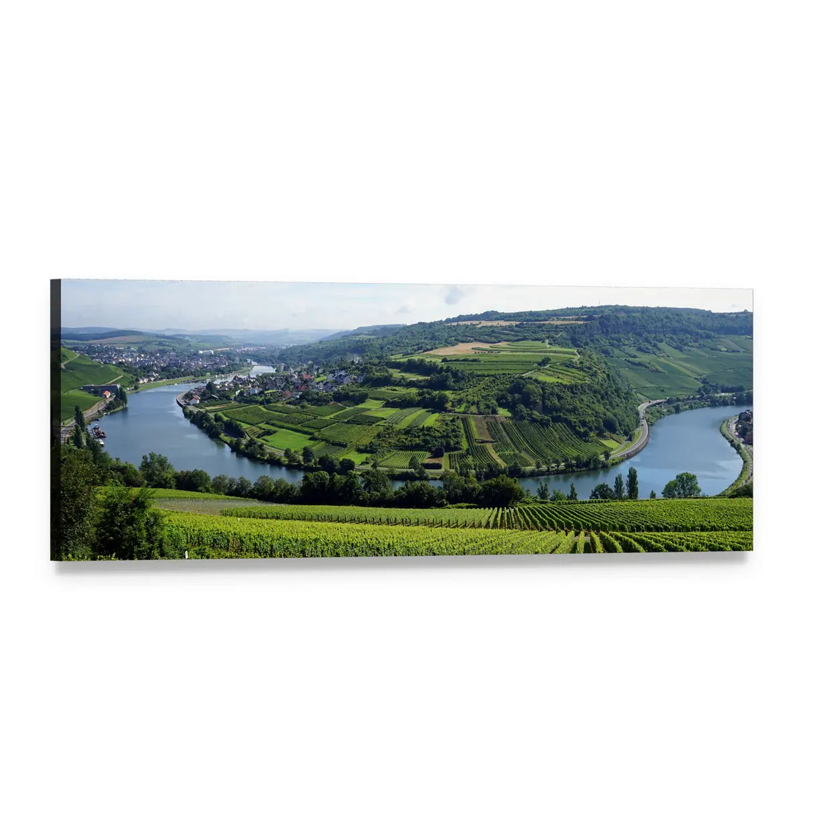 Vineyard Overlooking River Bend Panoramic Canvas Wall Art, single panel gallery wrapped canvas, angled product view