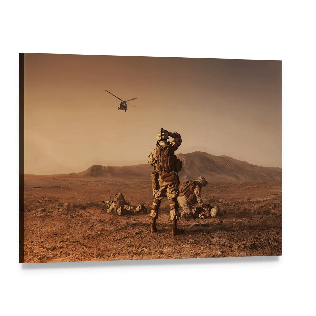 Squad of Us Marines Waiting for Medevac Canvas Wall Art, single panel gallery wrapped canvas, angled product view