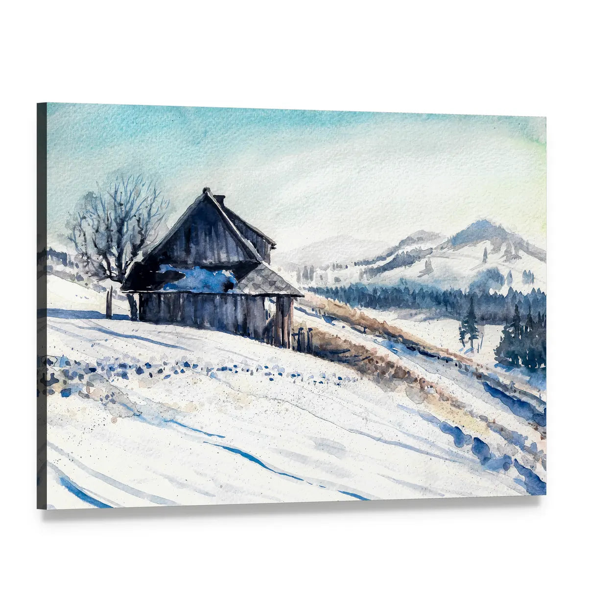Wooden Cabin in Winter Mountains Canvas Wall Art, single panel gallery wrapped canvas, angled product view