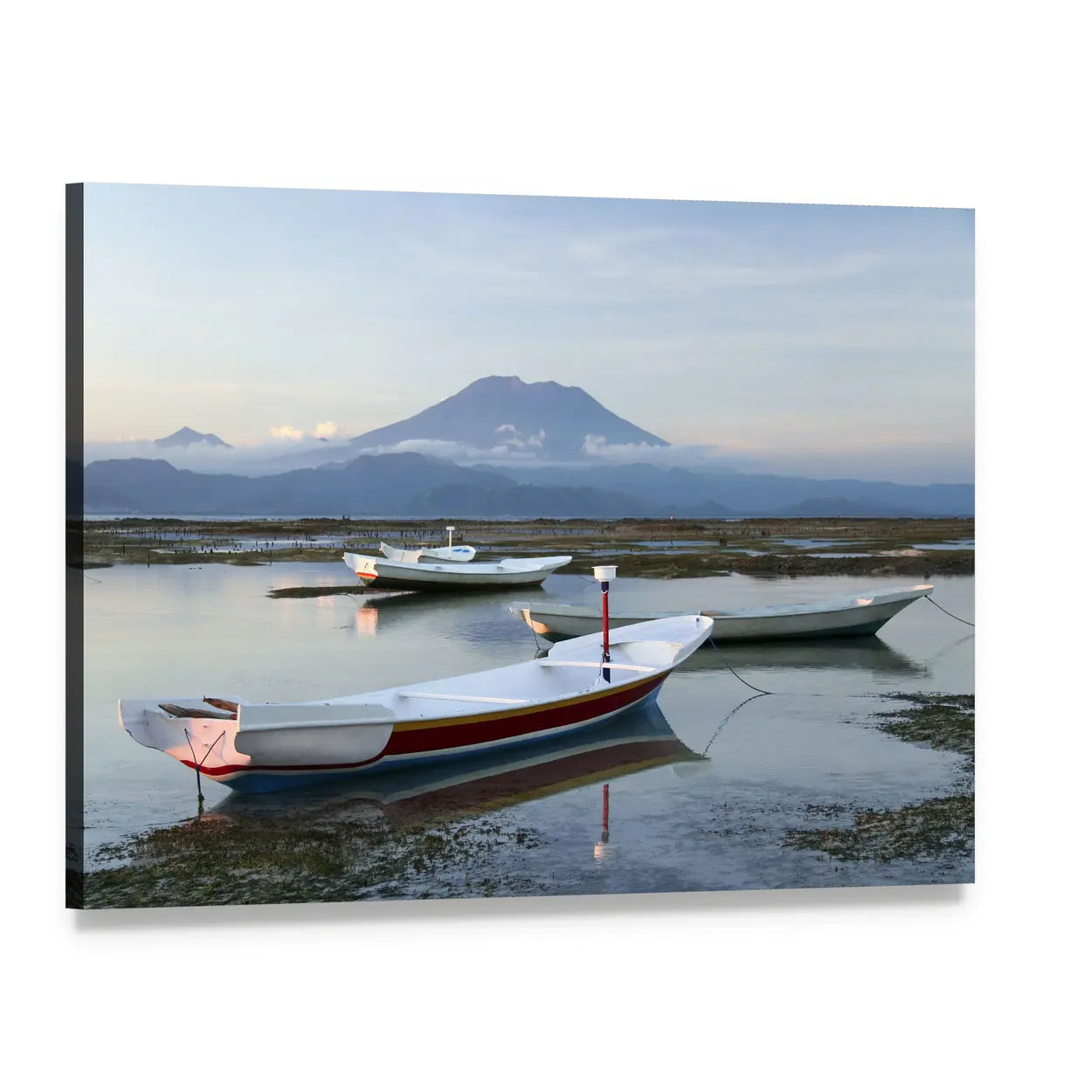 Small Outrigger Boats on Reefs Canvas Wall Art, single panel gallery wrapped canvas, angled product view