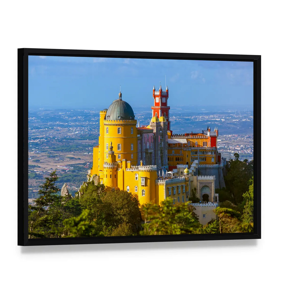 Pena Palace in Sintra Portugal Canvas Wall Art, framed canvas in a black floater frame, angled product view