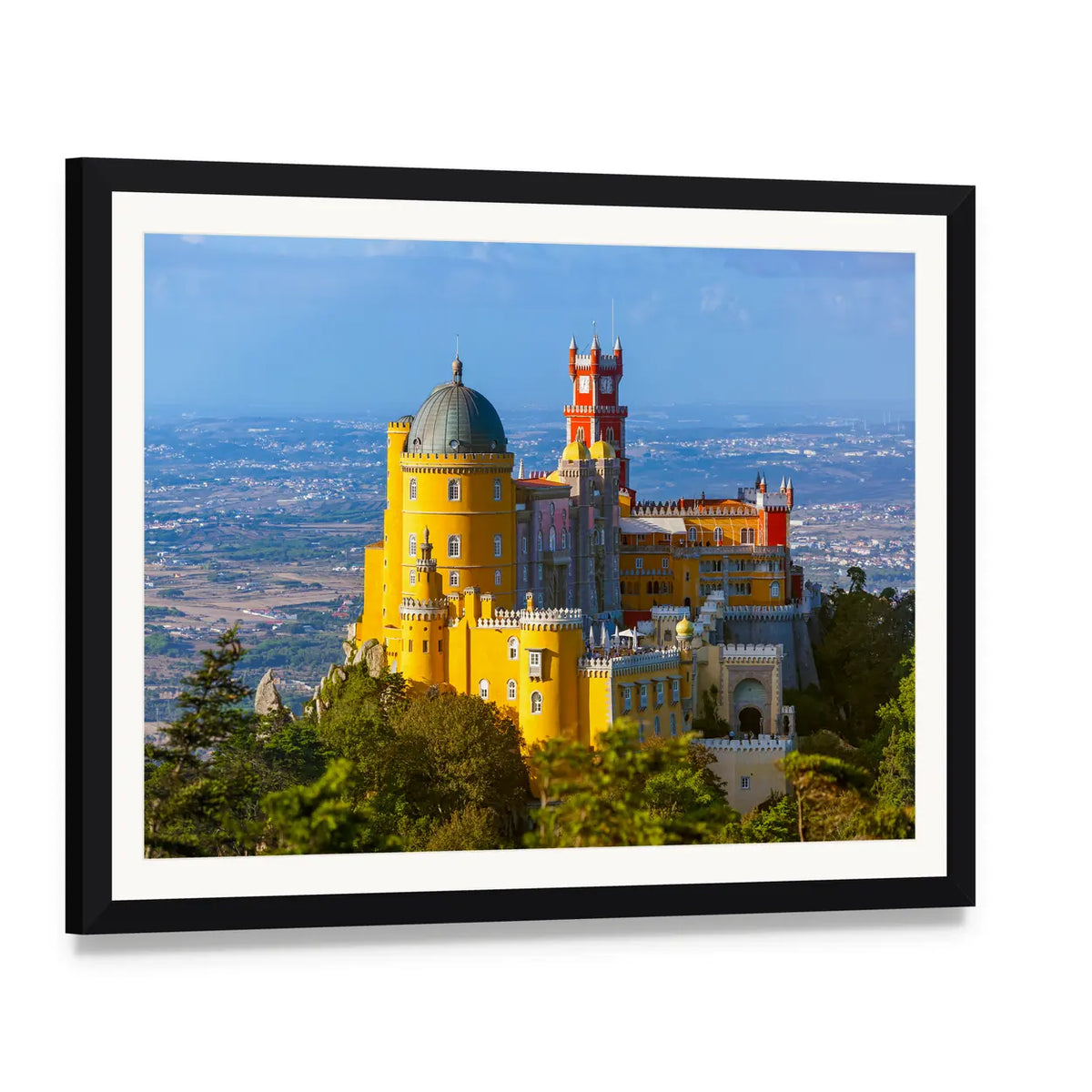 Pena Palace in Sintra Portugal Canvas Wall Art, framed print with white mat and black frame, angled product view