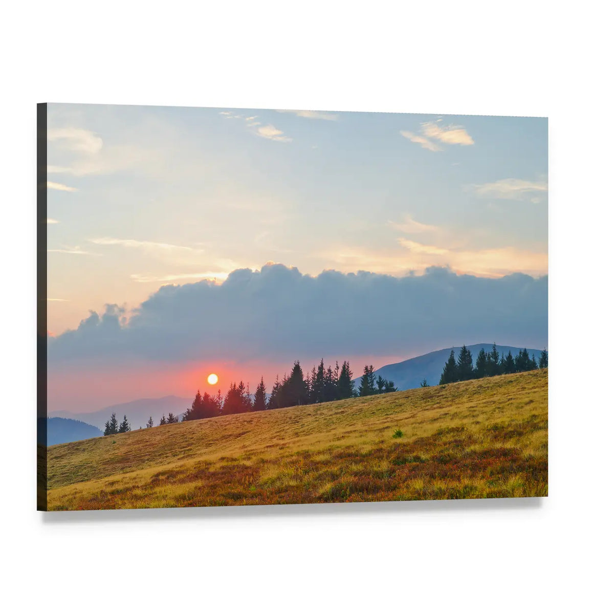 Golden Sunset Over Rolling Mountains Canvas Wall Art, single panel gallery wrapped canvas, angled product view