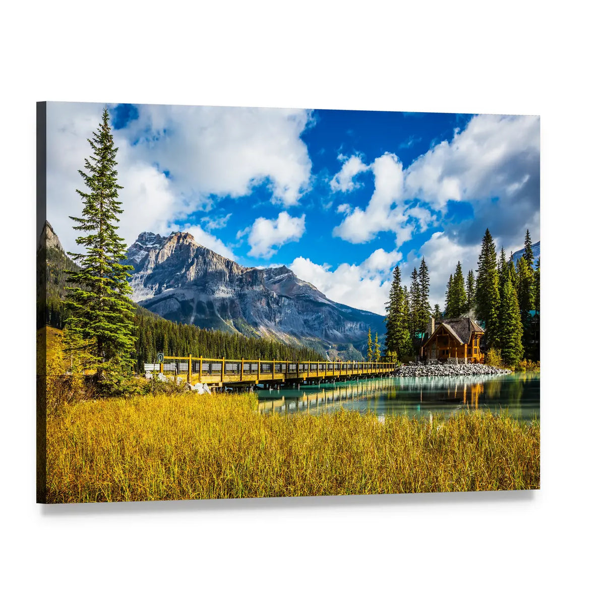 Wooden Bridge Over Emerald Lake Canvas Wall Art, single panel gallery wrapped canvas, angled product view