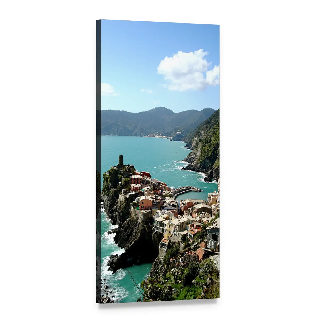 Vernazza Cliffside Watchtower Vertical Canvas Wall Art, 1 panel 1 Vertical layout gallery wrapped canvas set, angled product view