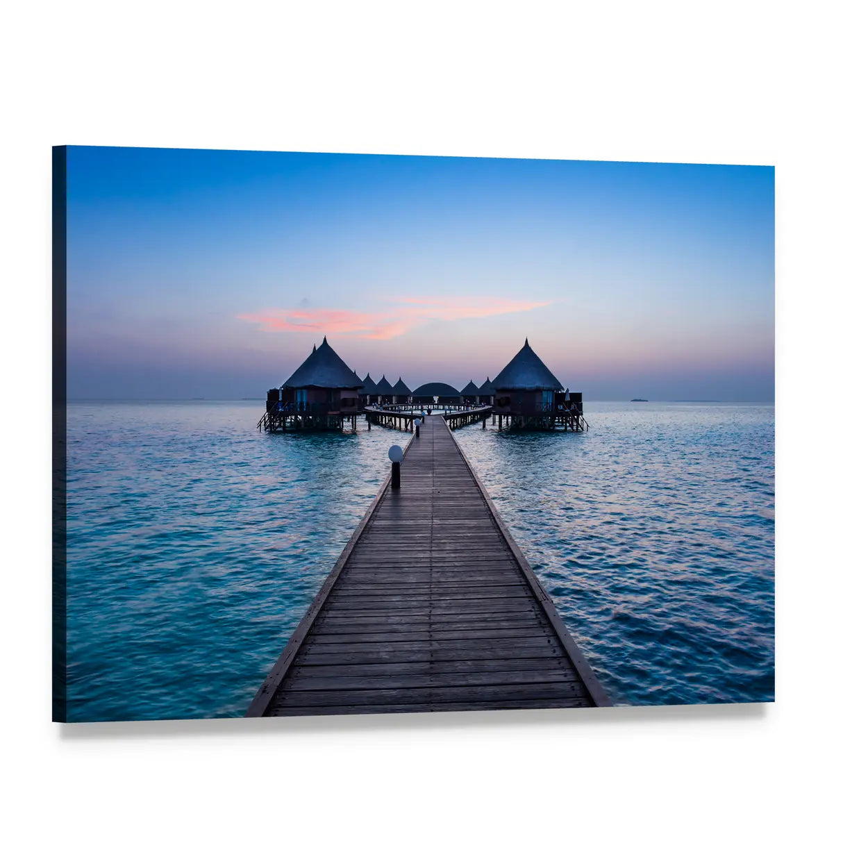 Overwater Bungalows at Sunset Canvas Wall Art, single panel gallery wrapped canvas, angled product view
