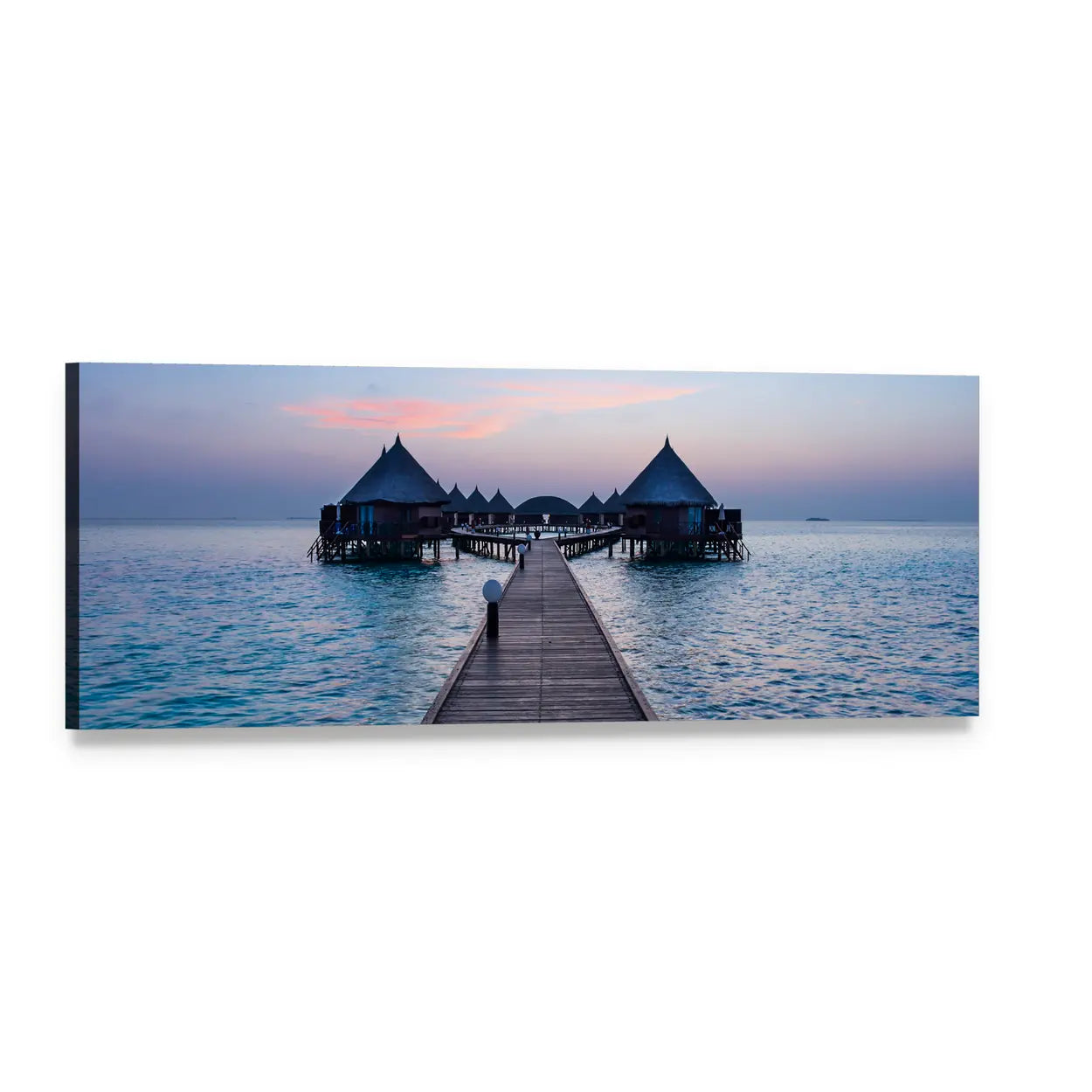 Overwater Bungalow in the Maldives Panoramic Canvas Wall Art, single panel gallery wrapped canvas, angled product view