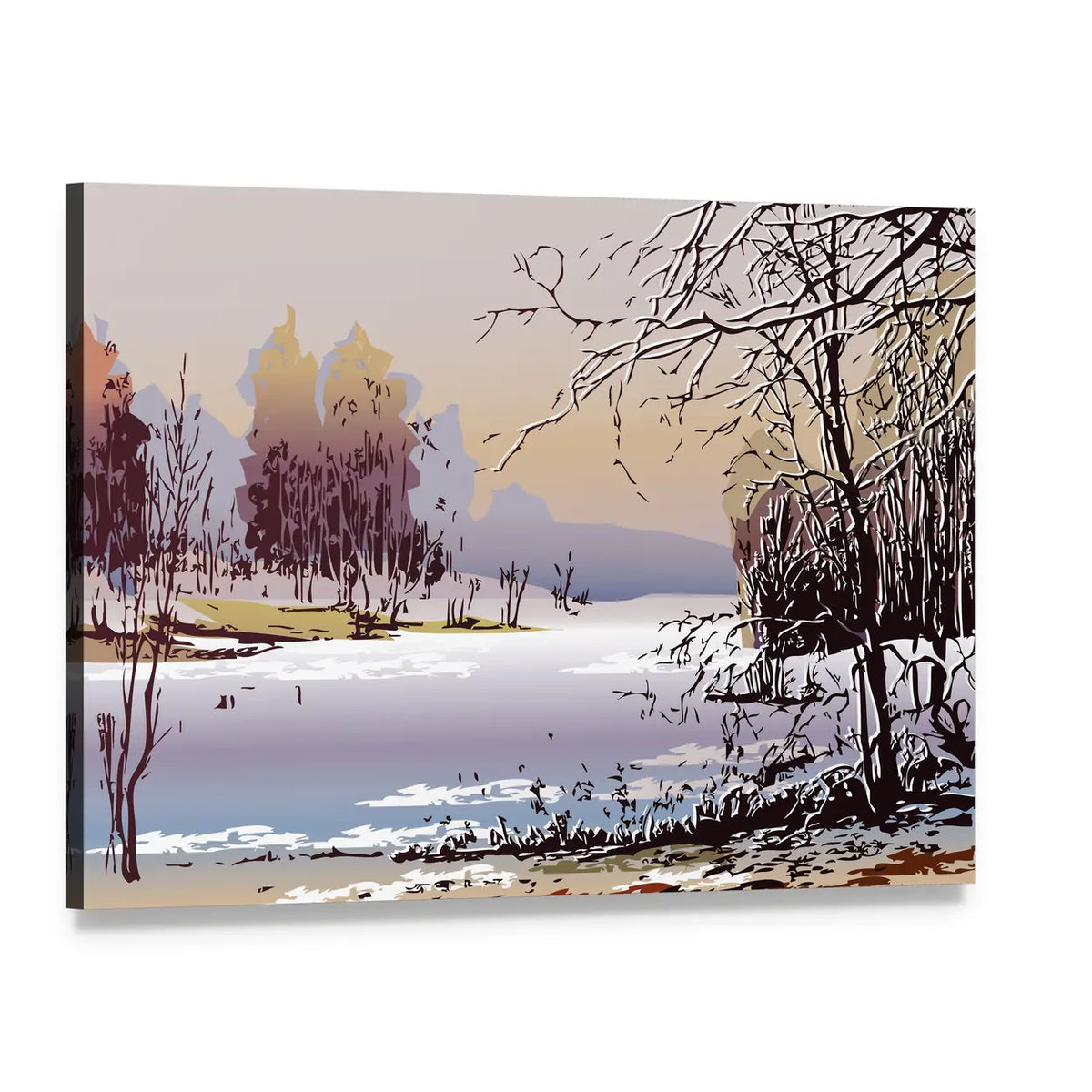Icy Lake with Bare Trees Canvas Wall Art, single panel gallery wrapped canvas, angled product view