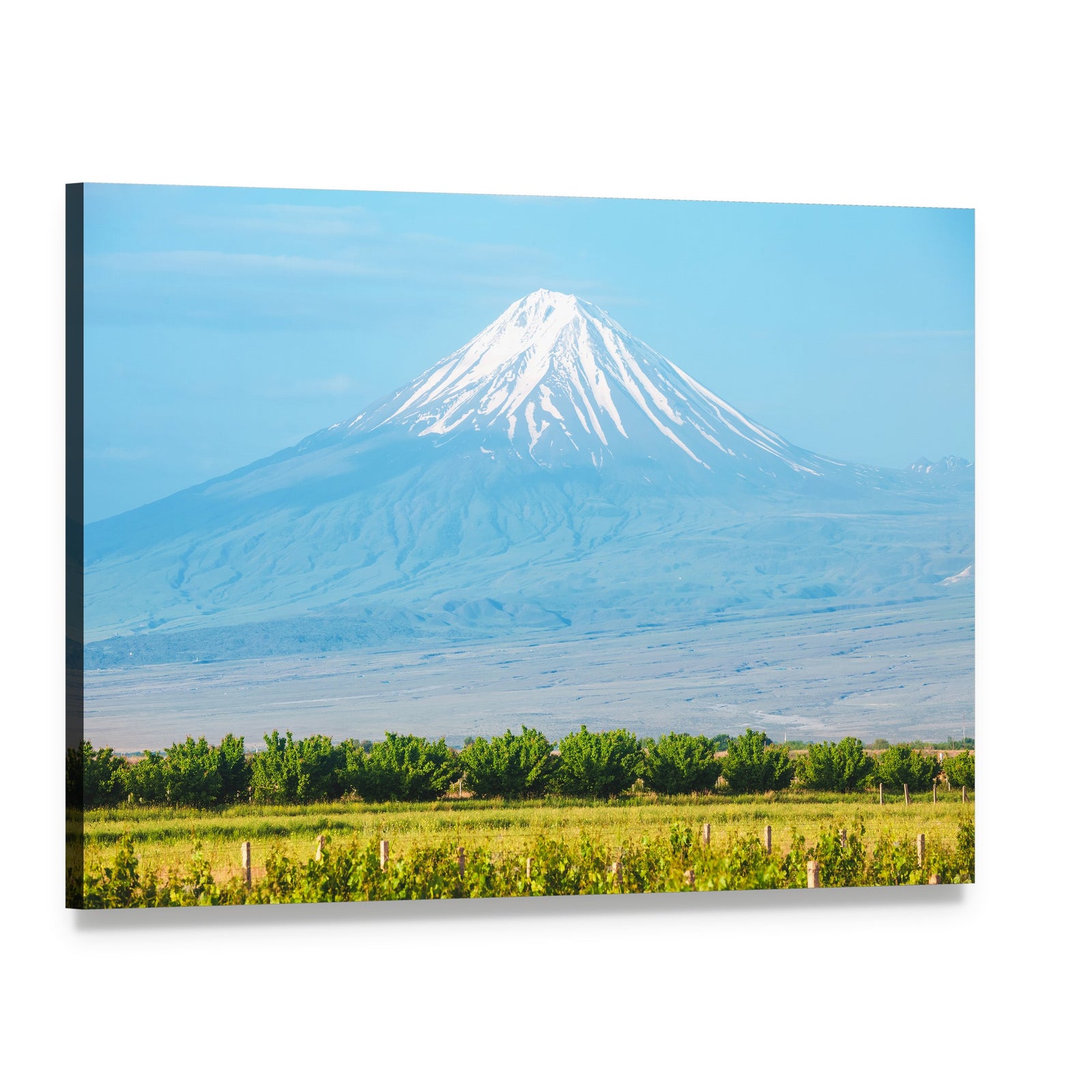 Summer Mountain Landscape with Snow-capped Peak Canvas Wall Art, single panel gallery wrapped canvas, angled product view