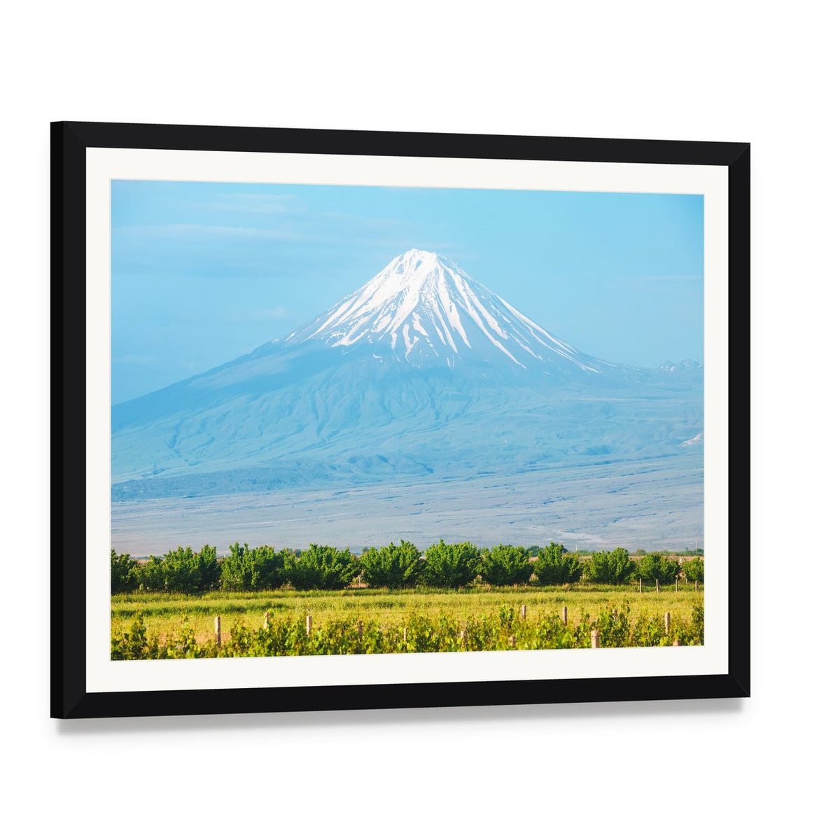 Summer Mountain Landscape with Snow-capped Peak Canvas Wall Art, framed print with white mat and black frame, angled product view