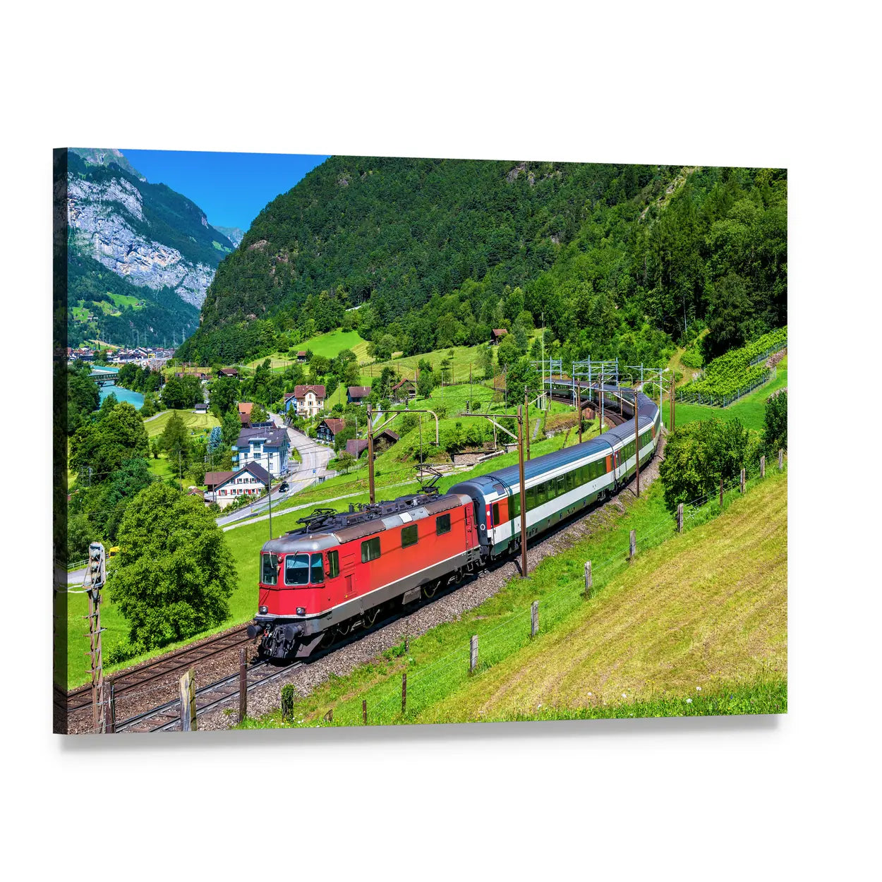 Red Train on Curved Mountain Track Canvas Wall Art, single panel gallery wrapped canvas, angled product view
