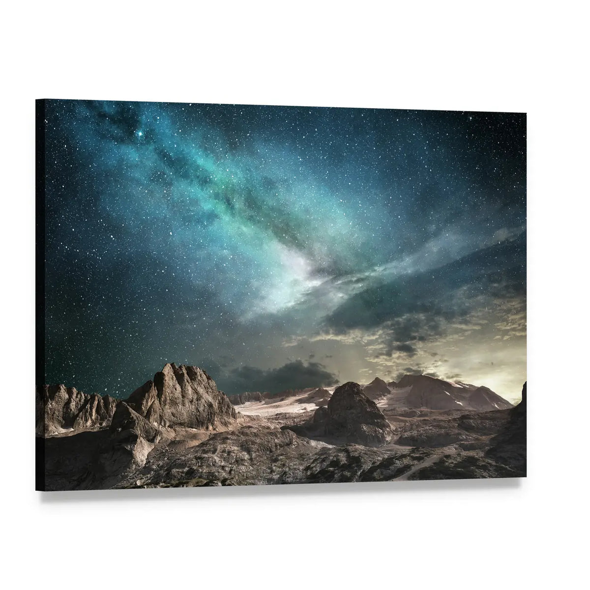 Milky Way Over Jagged Mountain Peaks Canvas Wall Art, single panel gallery wrapped canvas, angled product view