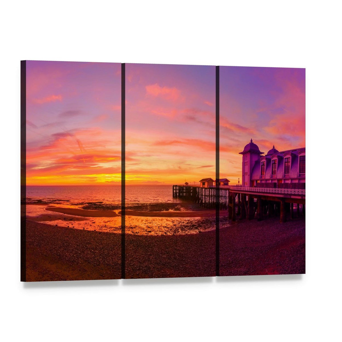 Penarth Pier Before Sunrise Canvas Wall Art, 3 panel 3 Horizontal layout gallery wrapped canvas set, angled product view