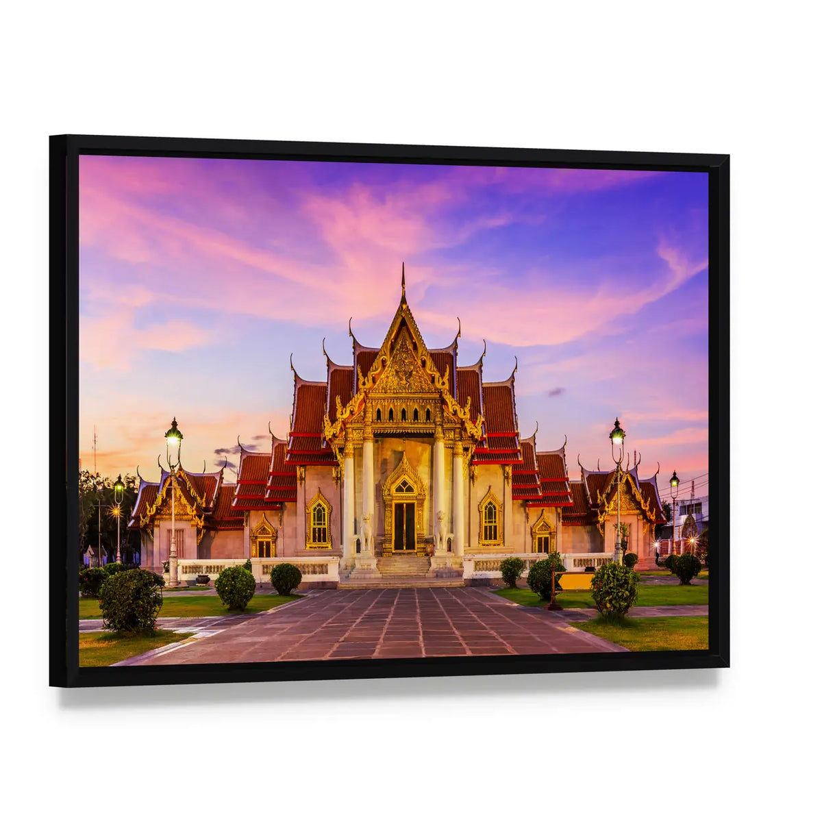 The Marble Temple In Thailand Canvas Wall Art, framed canvas in a black floater frame, angled product view