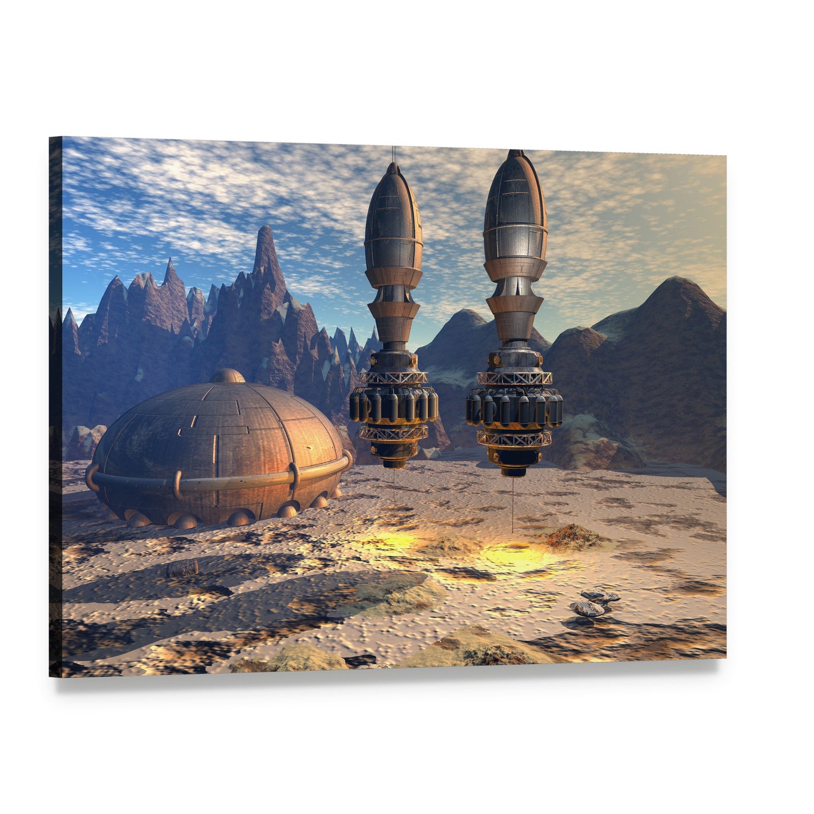 Alien Spaceship on Deep Planet Canvas Wall Art, single panel gallery wrapped canvas, angled product view