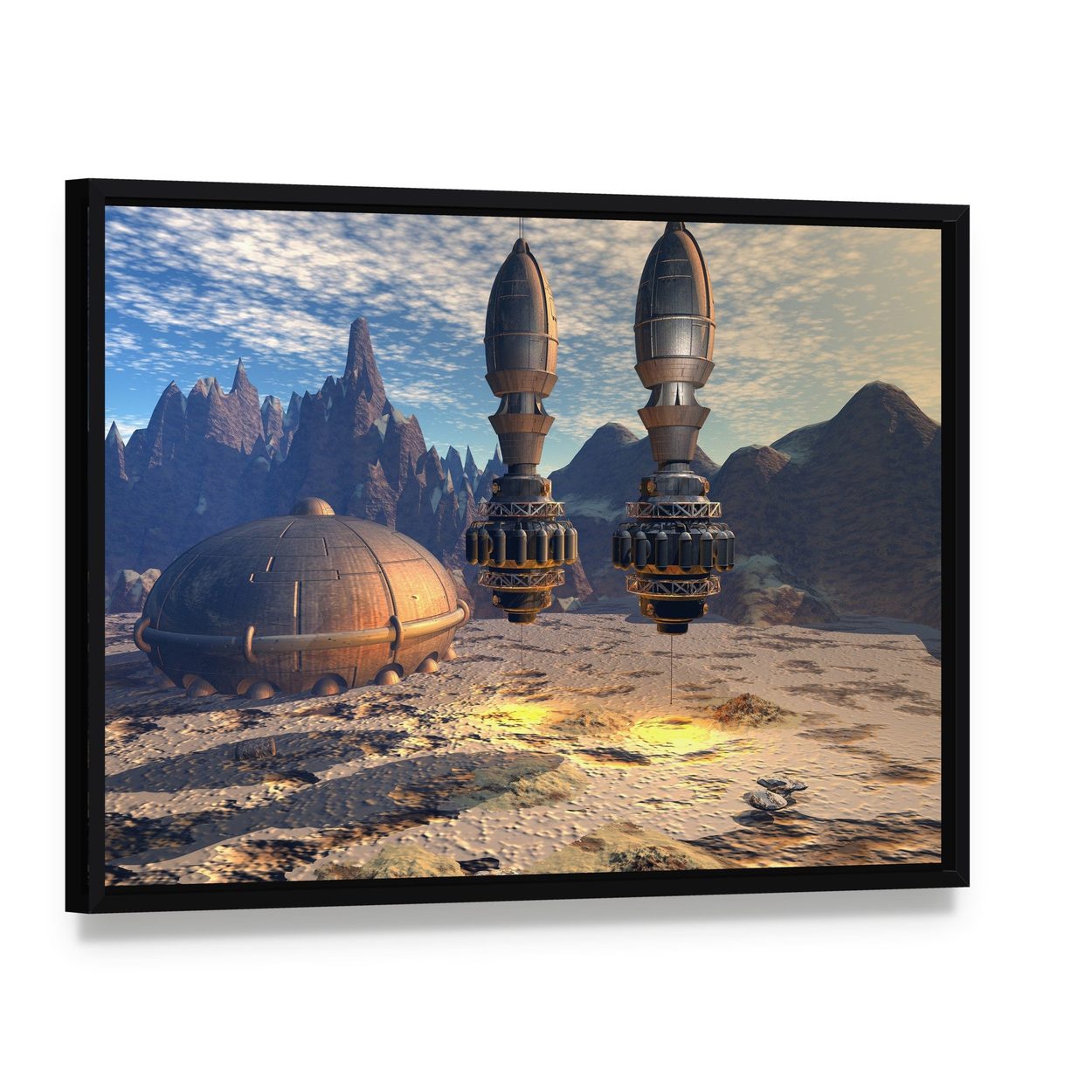 Alien Spaceship on Deep Planet Canvas Wall Art, framed canvas in a black floater frame, angled product view