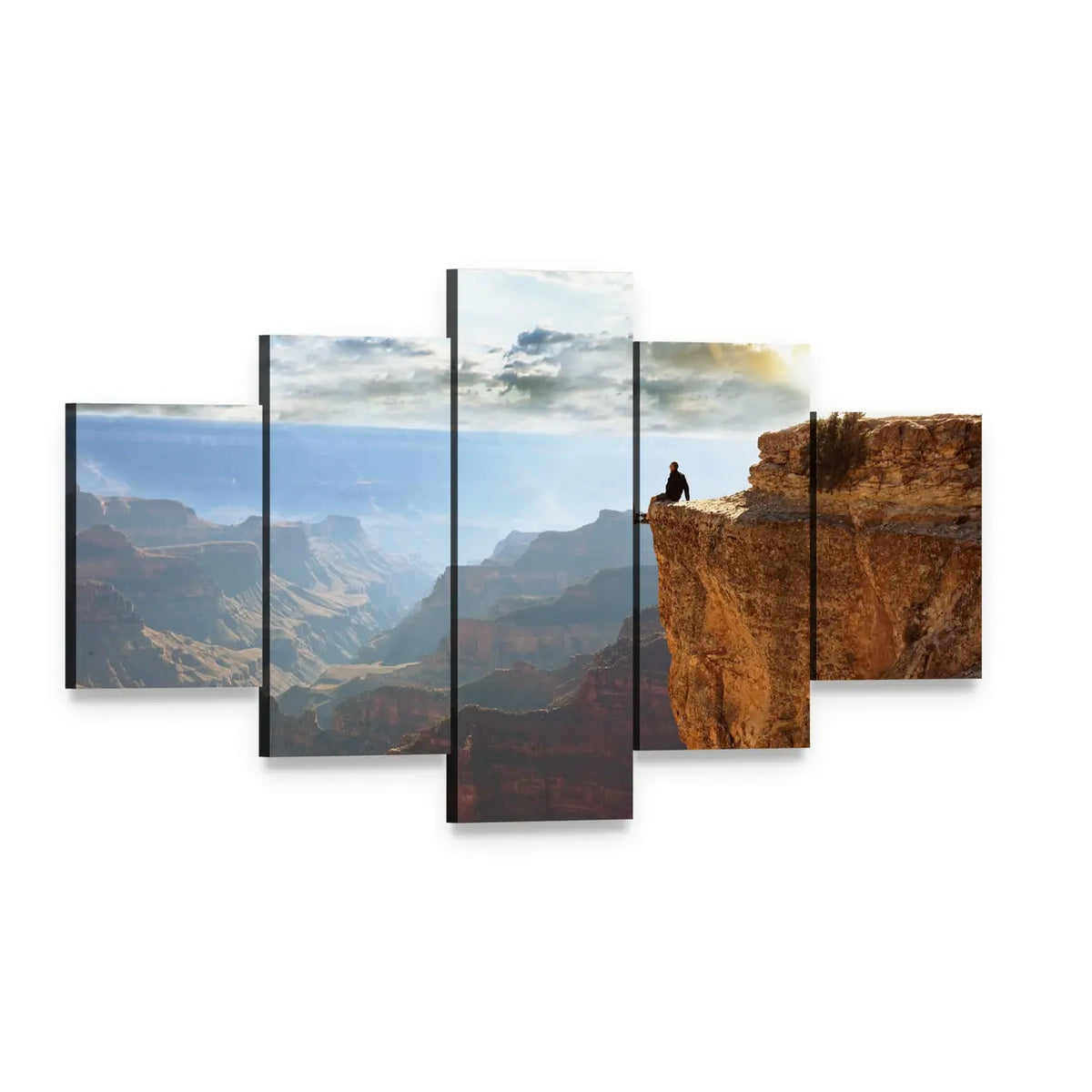 Man Sitting on Grand Canyon Canvas Wall Art, 5 panel 5 Star layout gallery wrapped canvas set, angled product view